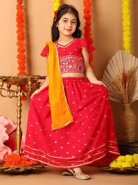 Red Short Sleeves Printed lehenga with dupatta