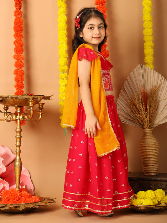 Red Short Sleeves Printed lehenga with dupatta