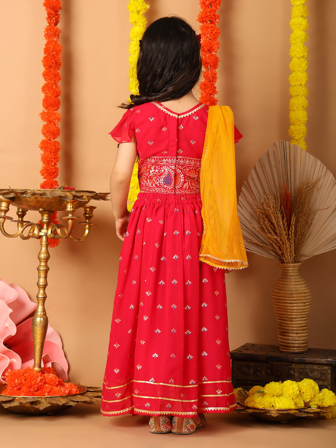 Red Short Sleeves Printed lehenga with dupatta