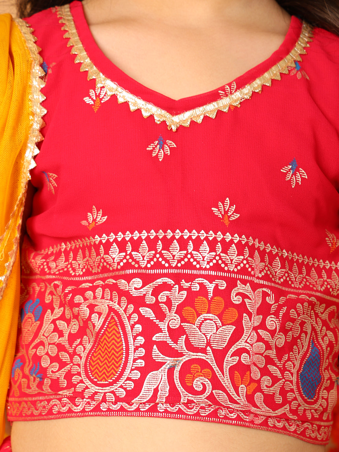 Red Short Sleeves Printed lehenga with dupatta