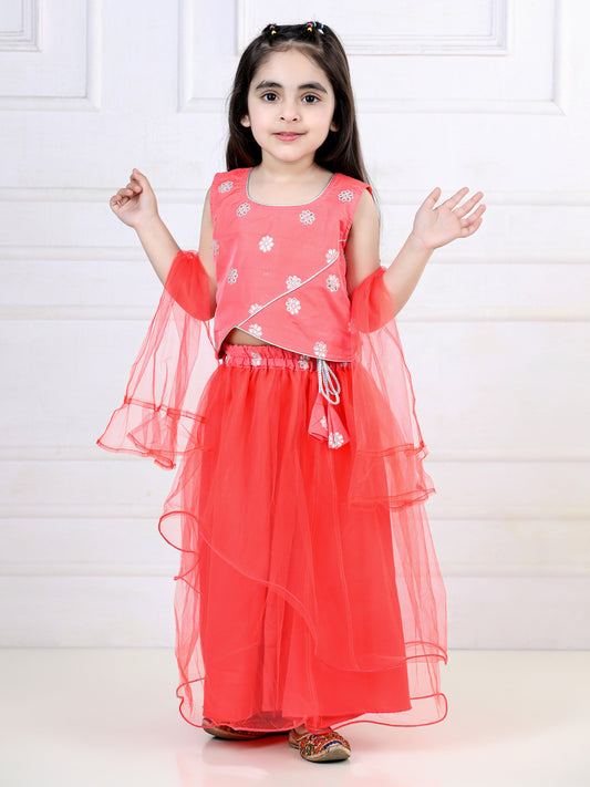 Dark Peach Floral Sequins Top with Layered Net Lehenga and dupatta