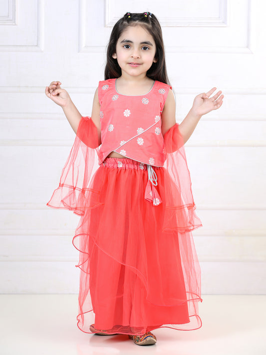 Dark Peach Floral Sequins Top with Layered Net Lehenga and dupatta