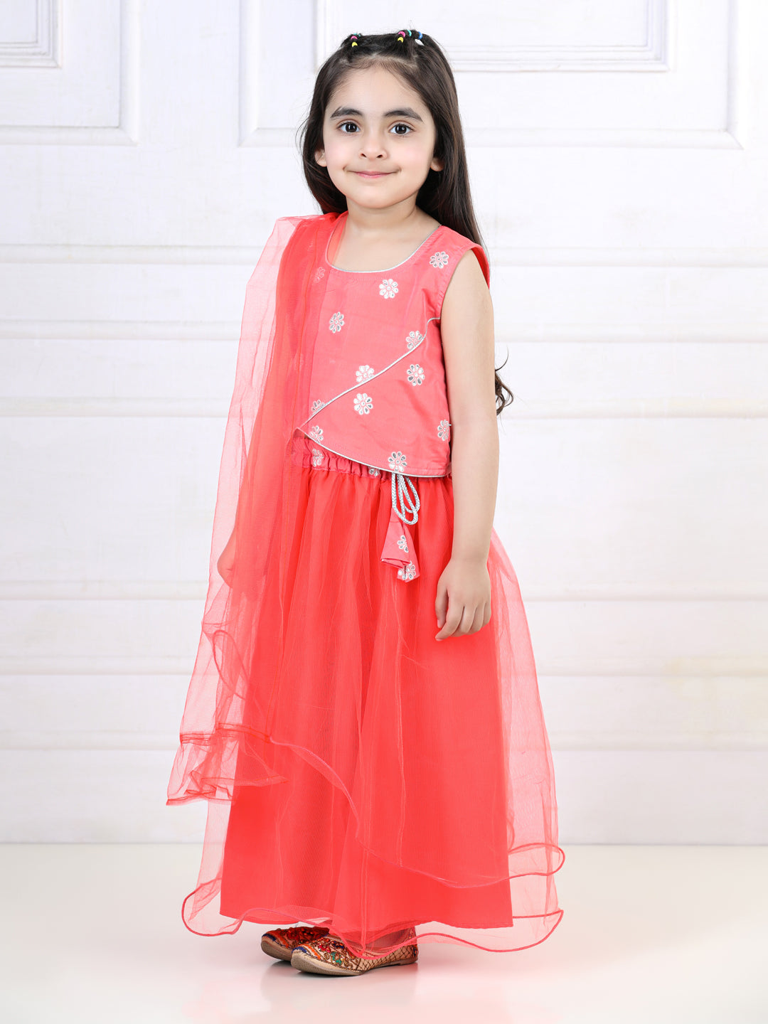 Dark Peach Floral Sequins Top with Layered Net Lehenga and dupatta