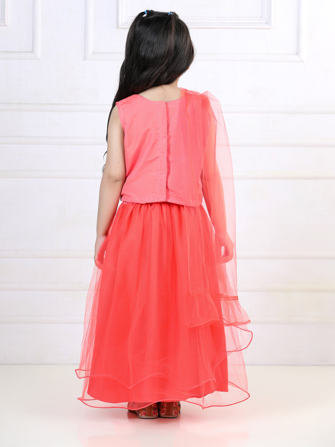 Dark Peach Floral Sequins Top with Layered Net Lehenga and dupatta