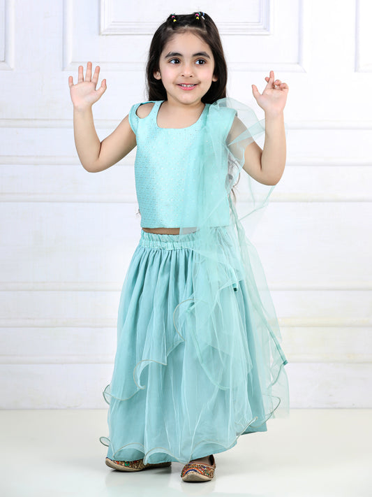 Blue Sequins Top with Layered Net Lehenga and dupatta