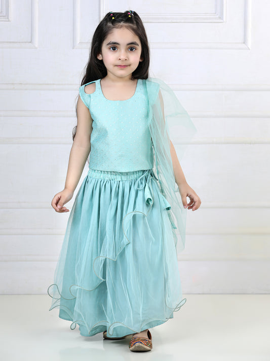 Blue Sequins Top with Layered Net Lehenga and dupatta