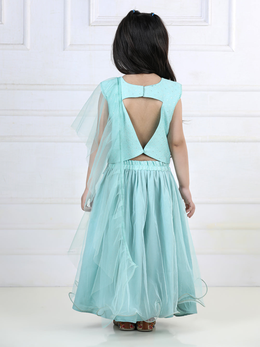 Blue Sequins Top with Layered Net Lehenga and dupatta