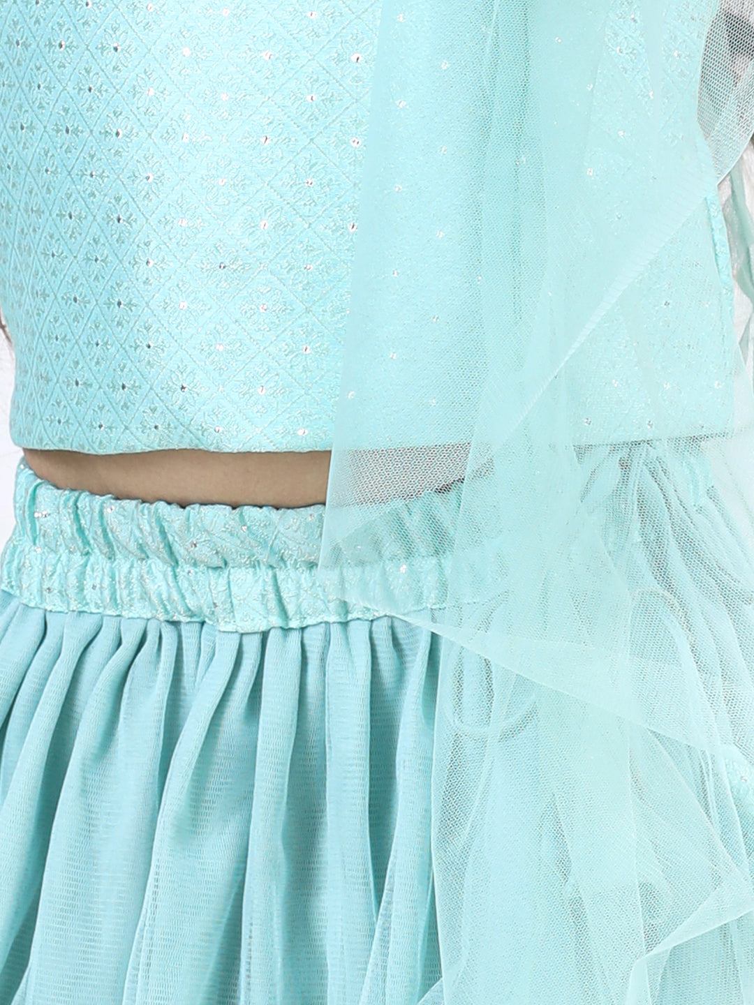 Blue Sequins Top with Layered Net Lehenga and dupatta