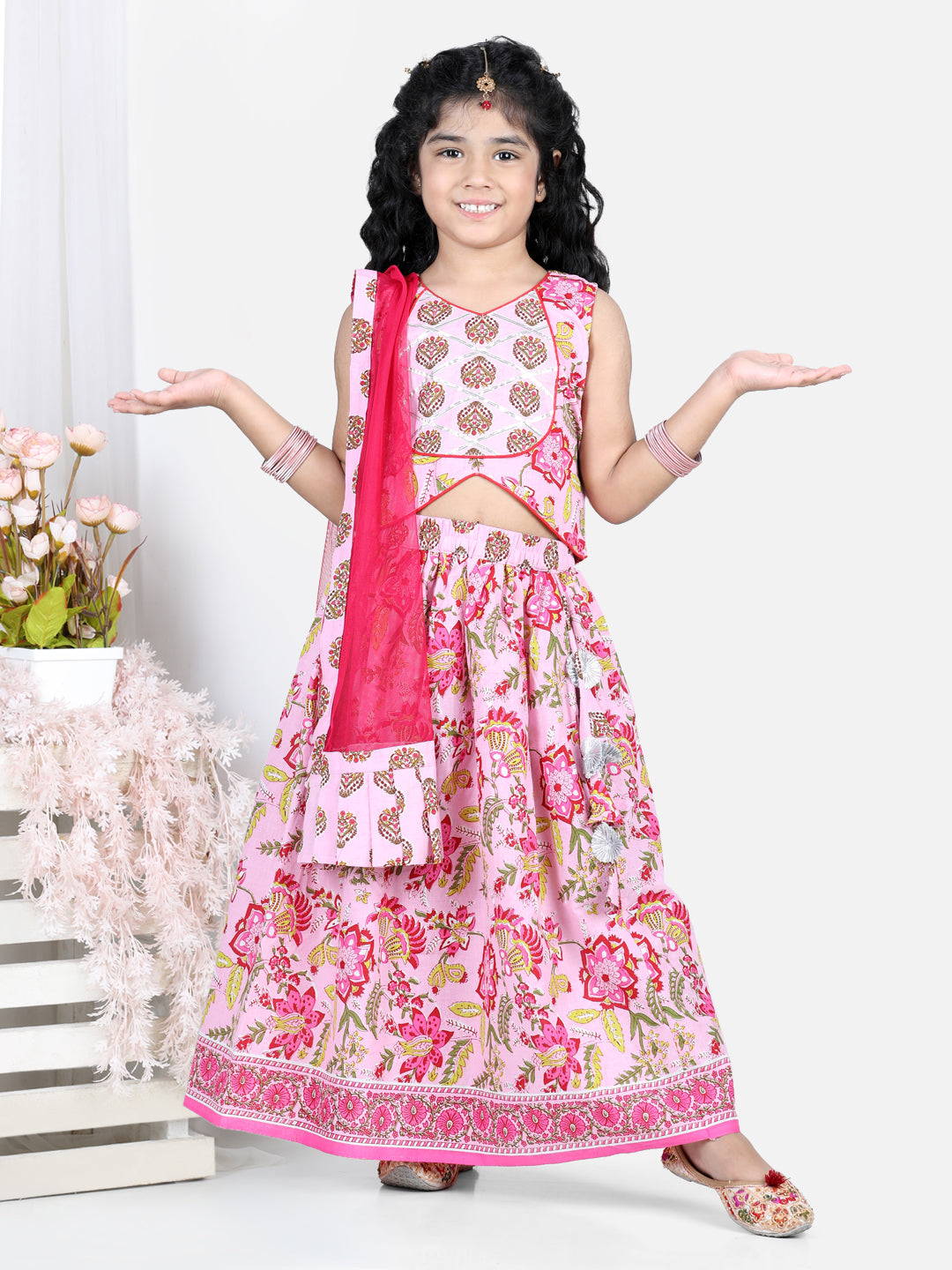 Pink floral printed top with lehenga and dupatta