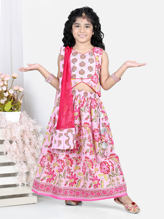 Pink floral printed top with lehenga and dupatta