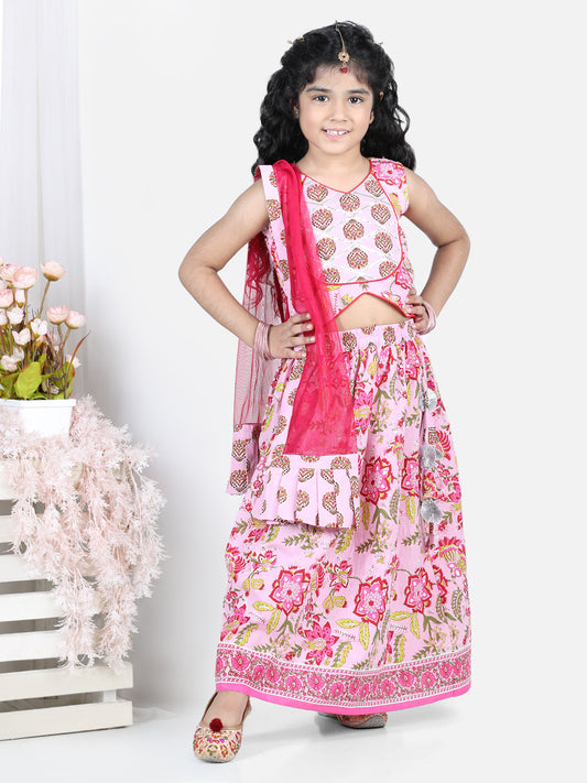 Pink floral printed top with lehenga and dupatta