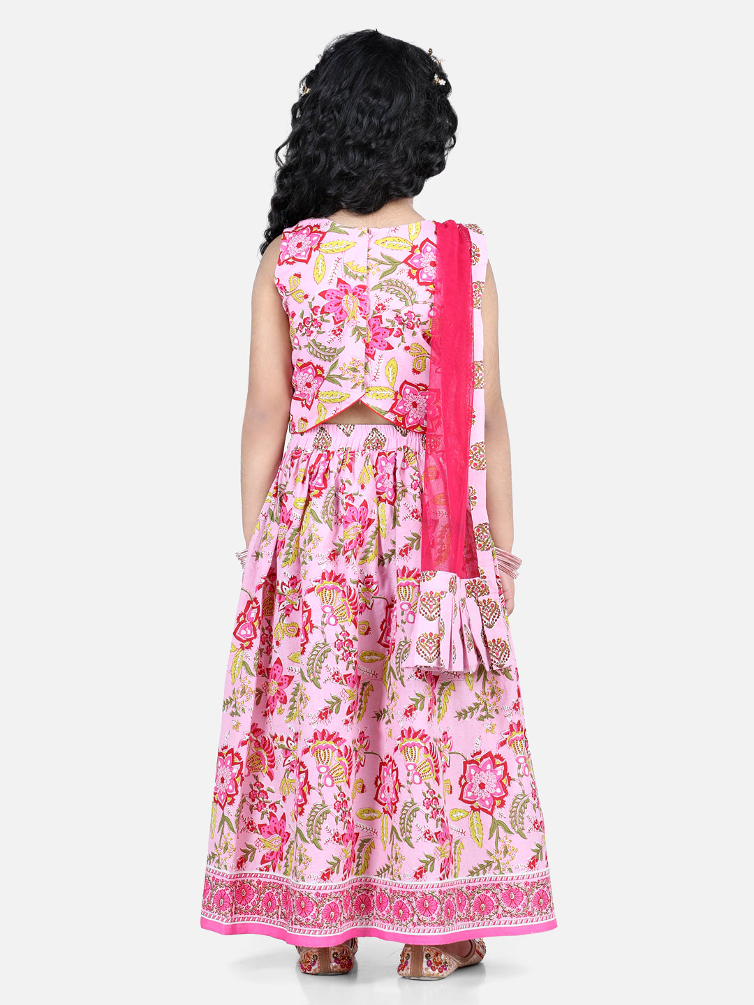 Pink floral printed top with lehenga and dupatta