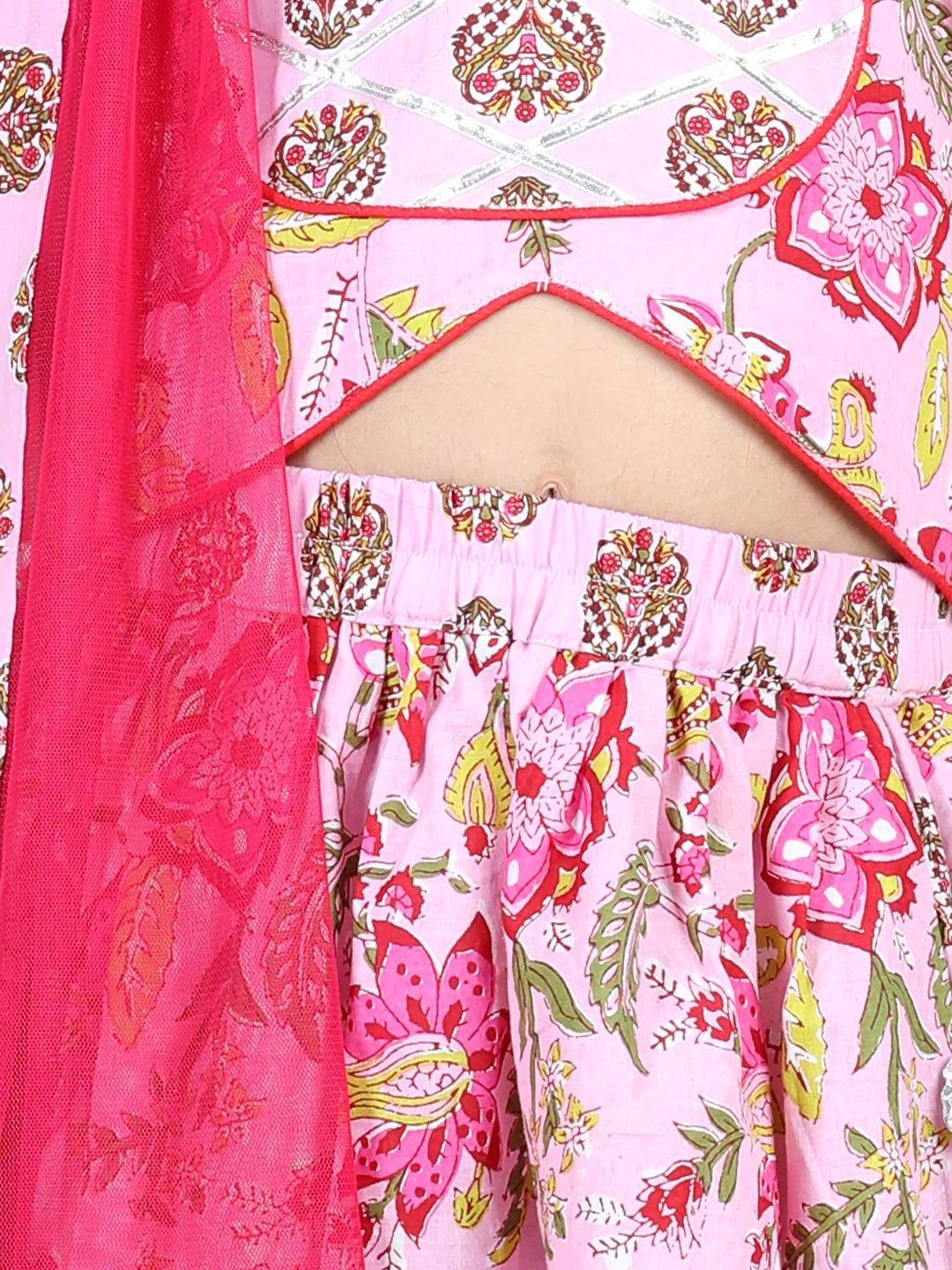Pink floral printed top with lehenga and dupatta
