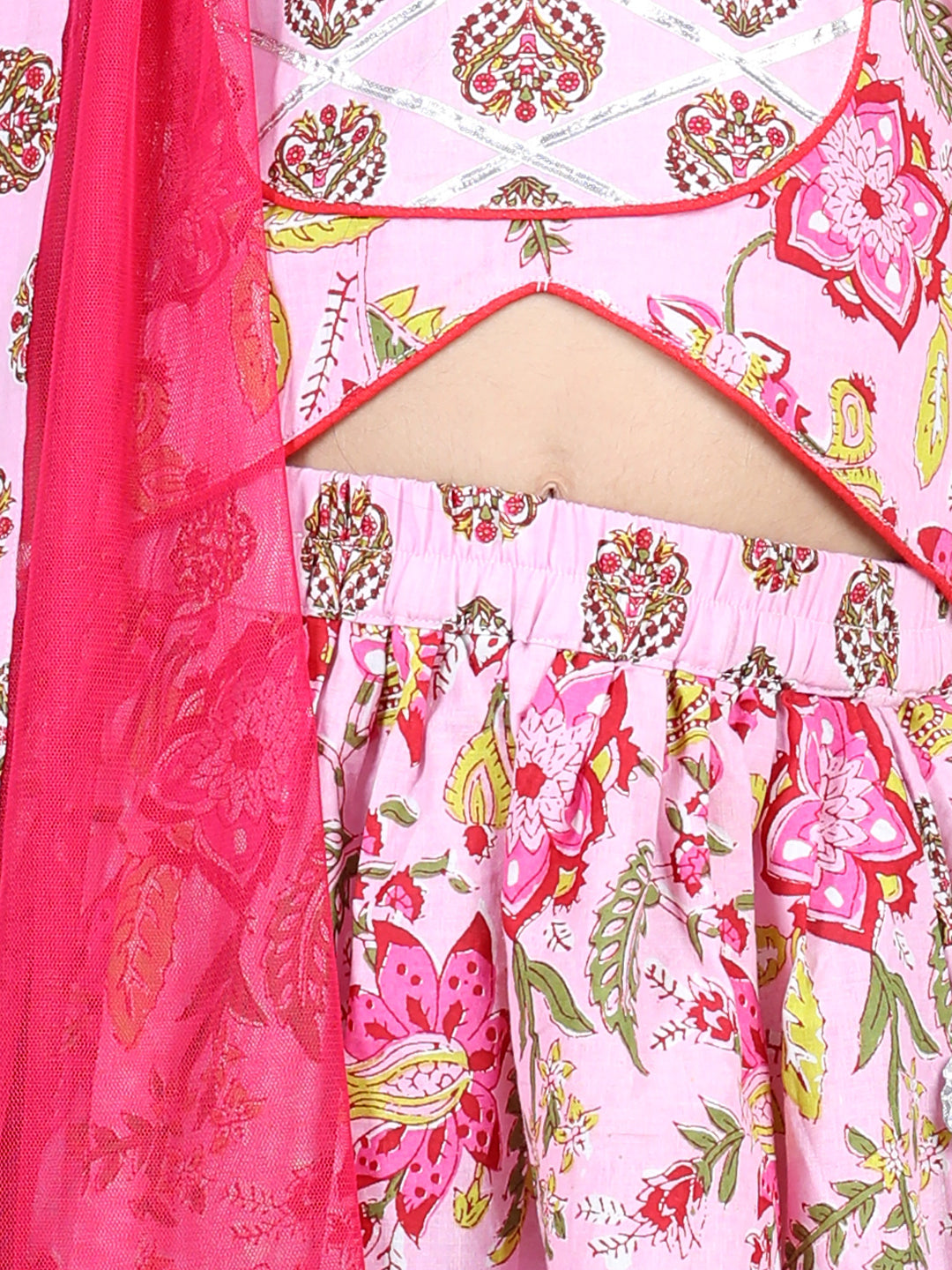 Pink floral printed top with  lehenga and dupatta