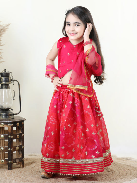 Pink Embroidered Top with gold printed lehenga and dupatta