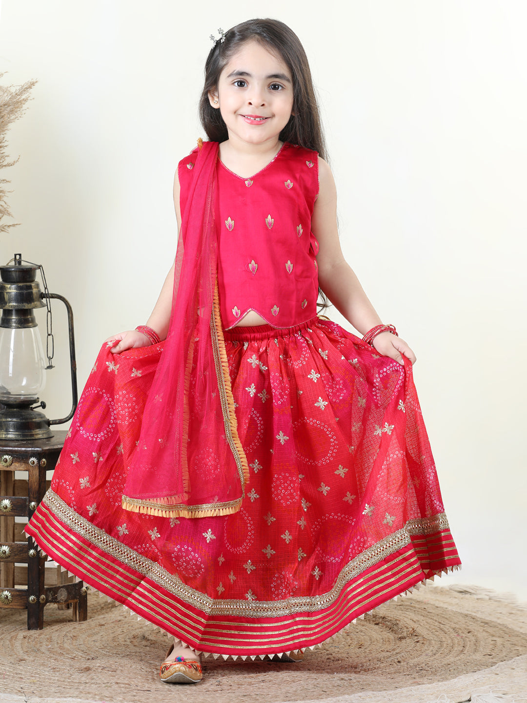 Pink Embroidered Top with gold printed lehenga and dupatta