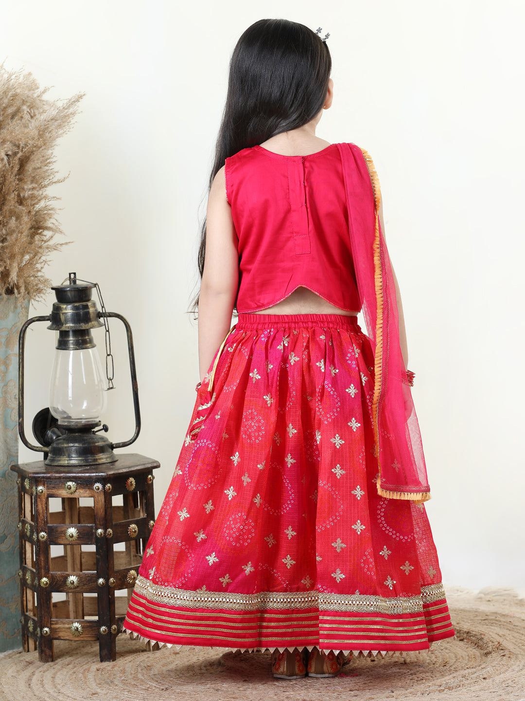 Pink Embroidered Top with gold printed lehenga and dupatta