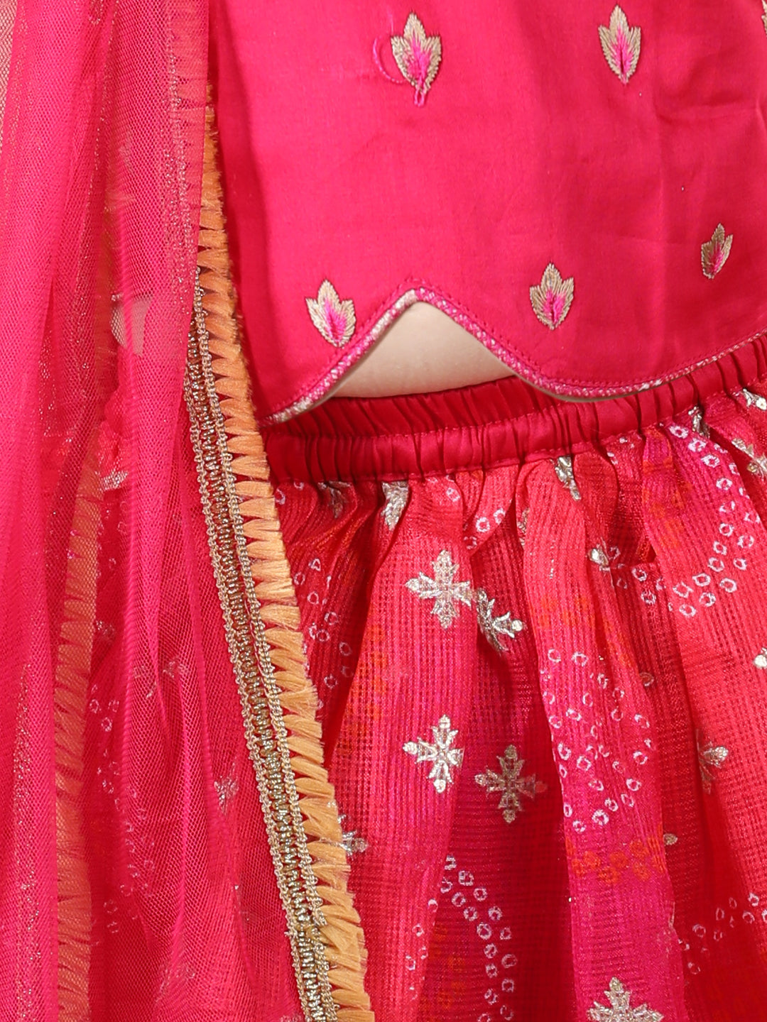 Pink Embroidered Top with gold printed lehenga and dupatta