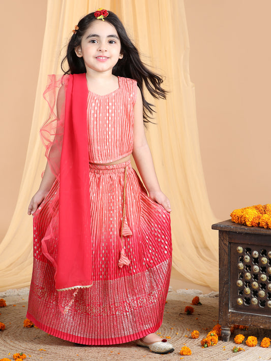 Sleeveless Embroidered Pleated Top And Lehenga