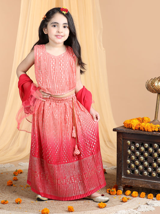 Sleeveless Embroidered Pleated Top And Lehenga