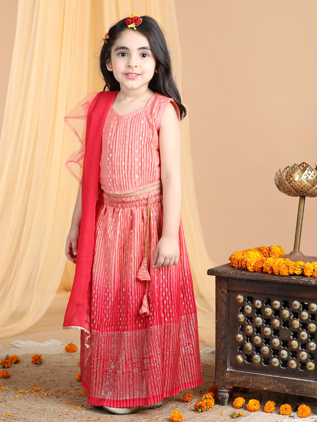 Sleeveless Embroidered Pleated Top And Lehenga