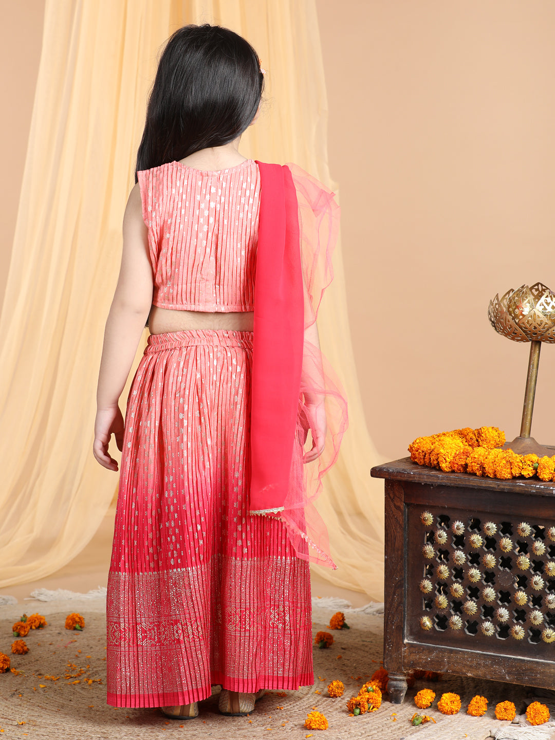 Sleeveless Embroidered Pleated Top And Lehenga