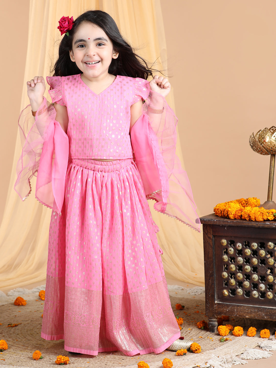 Cap Sleeves Embroidered Pleated Top And Lehenga
