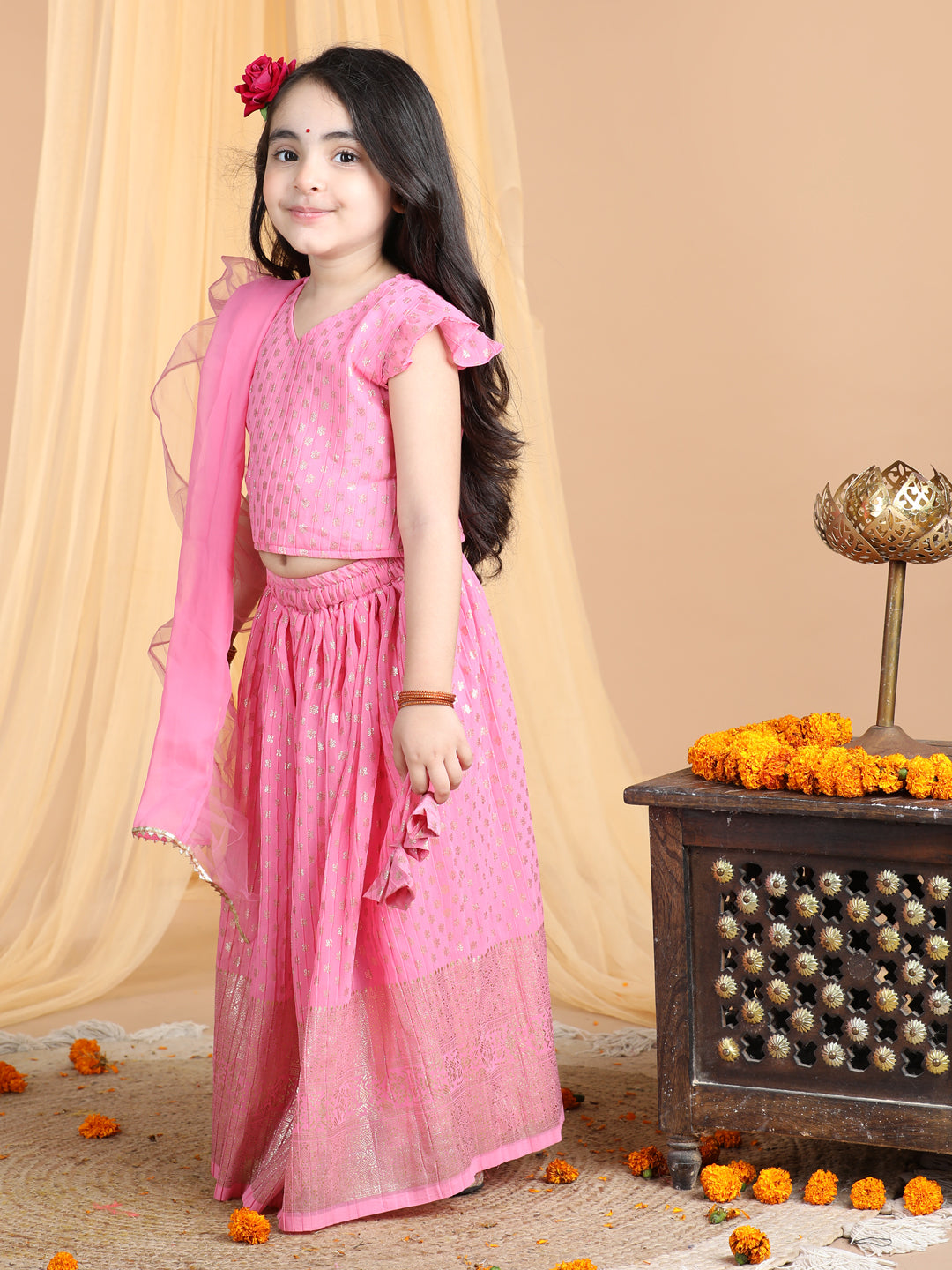Cap Sleeves Embroidered Pleated Top And Lehenga