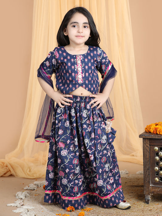 Floral printed Lehenga paired with lace work top and dupatta