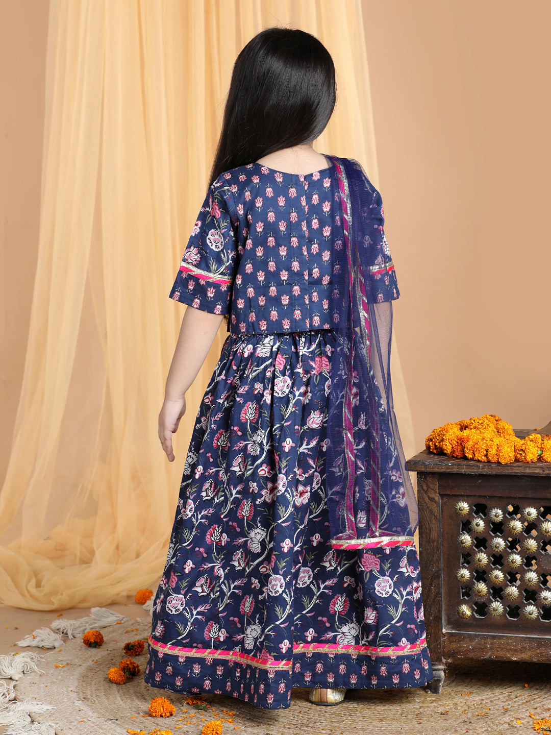 Floral printed Lehenga paired with lace work top and dupatta