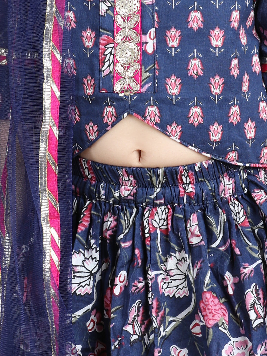 Floral printed Lehenga paired with lace work top and dupatta