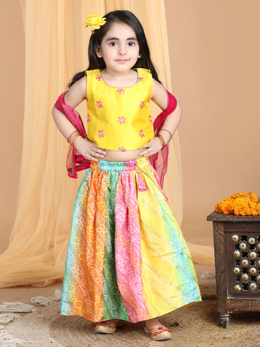 Yellow Top with multi color gold printed lehenga and dupatta