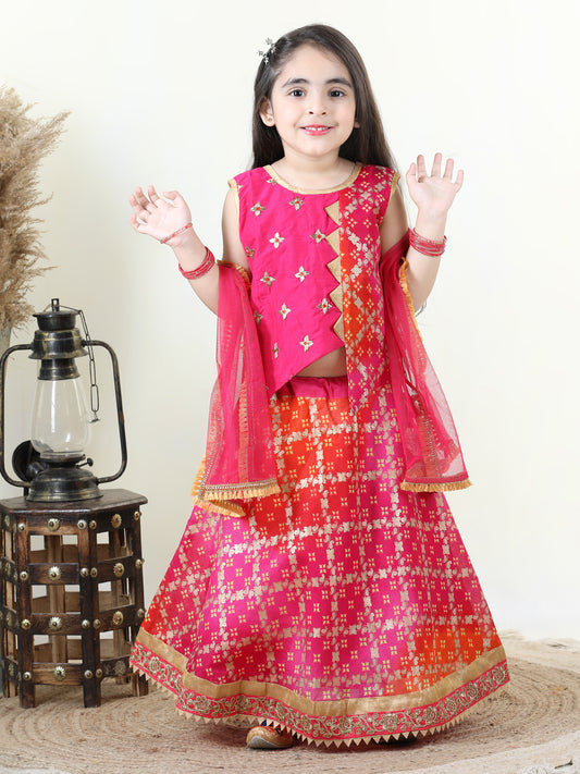 Embroidered Top with gold printed lehenga and dupatta