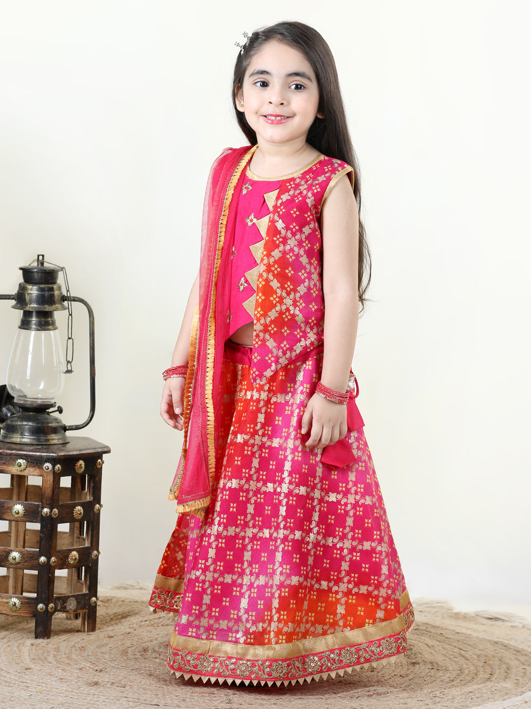 Embroidered Top with gold printed lehenga and dupatta