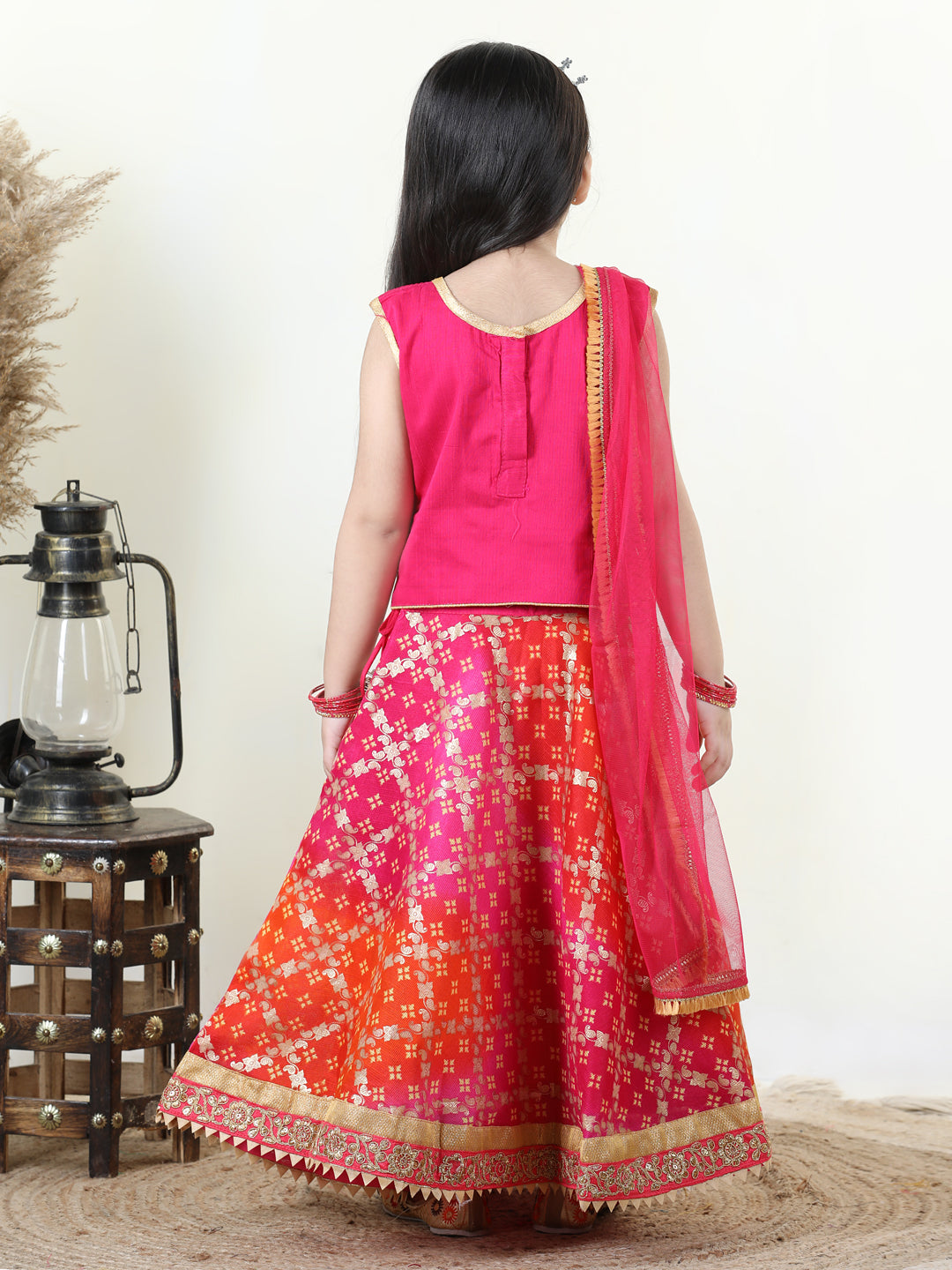 Embroidered Top with gold printed lehenga and dupatta