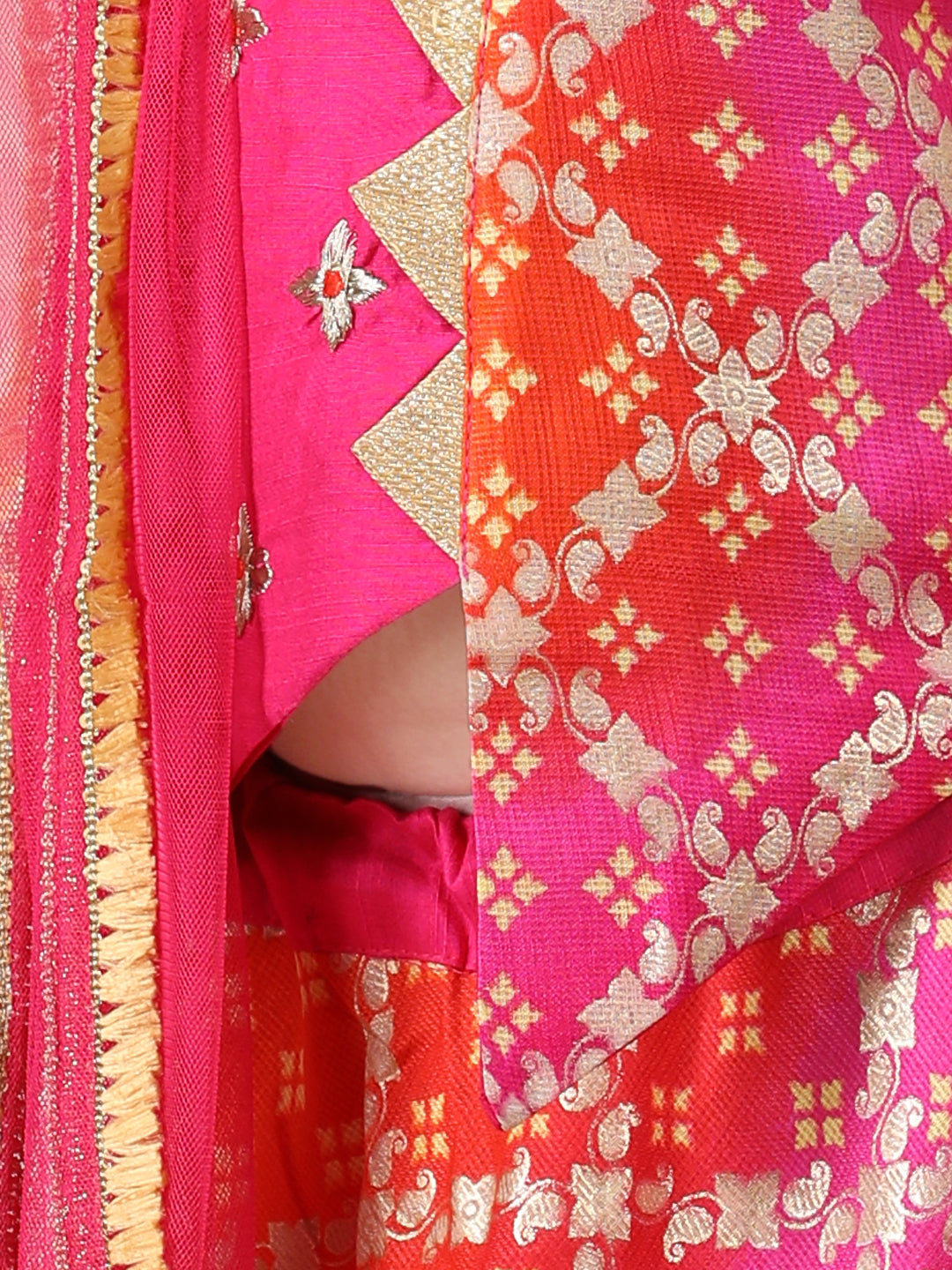 Embroidered Top with gold printed lehenga and dupatta