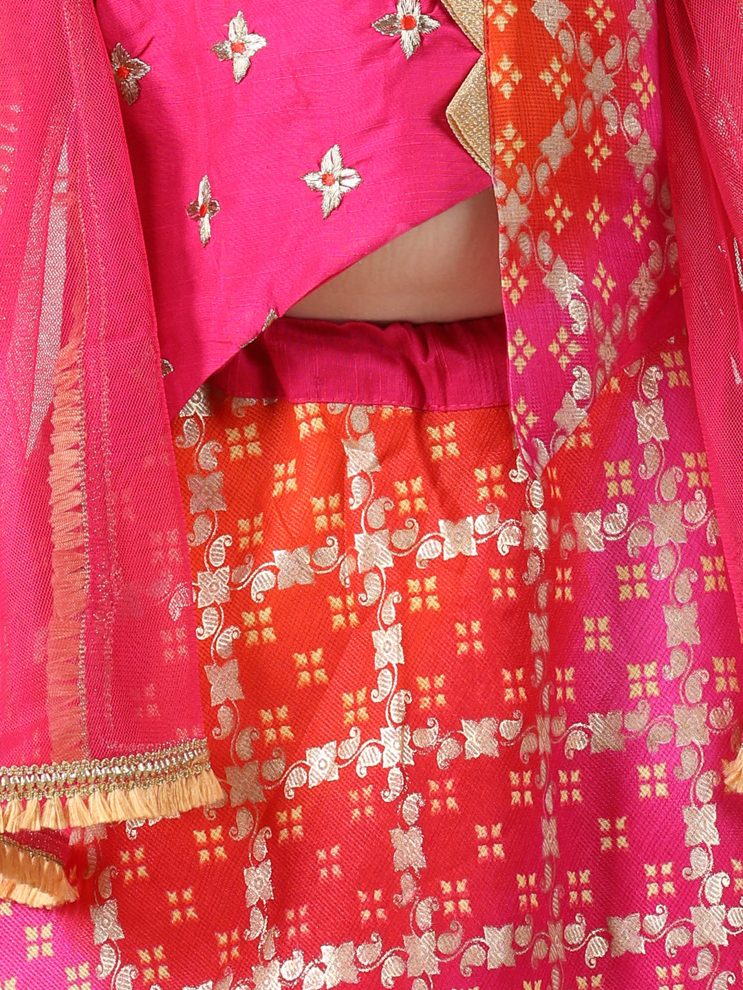 Embroidered Top with gold printed lehenga and dupatta