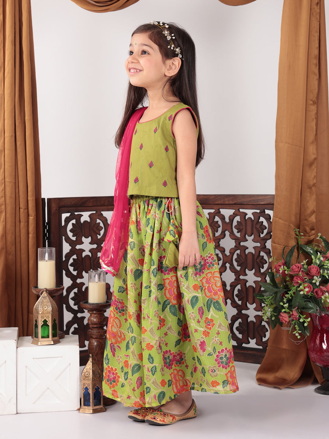 Green Floral foil printed Lehenga set