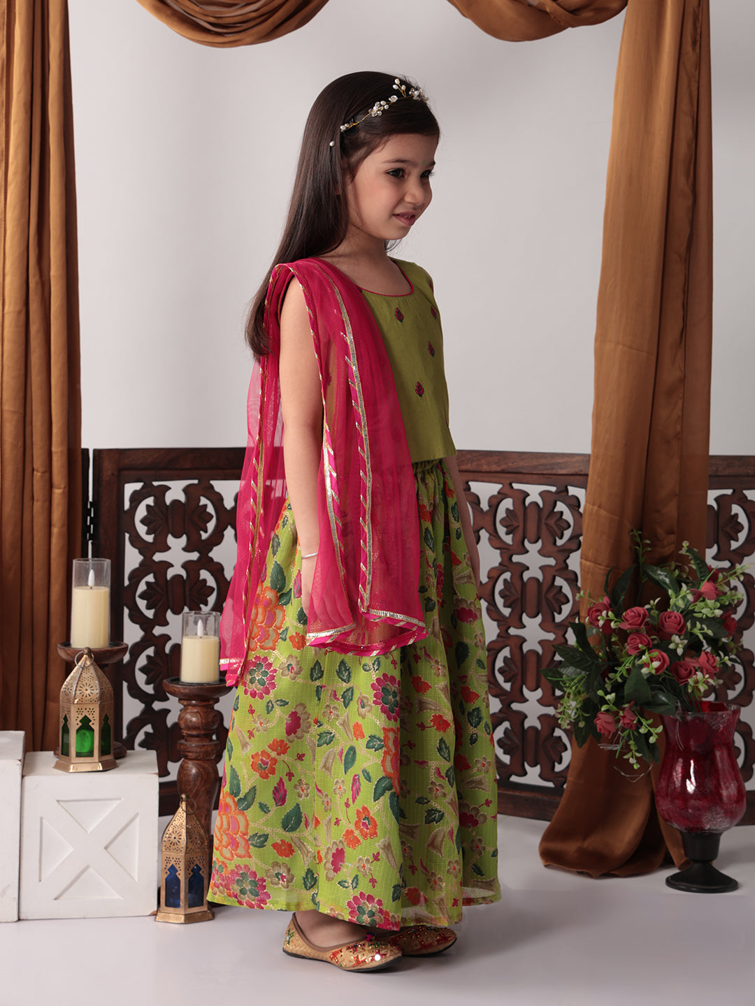 Green Floral foil printed Lehenga set