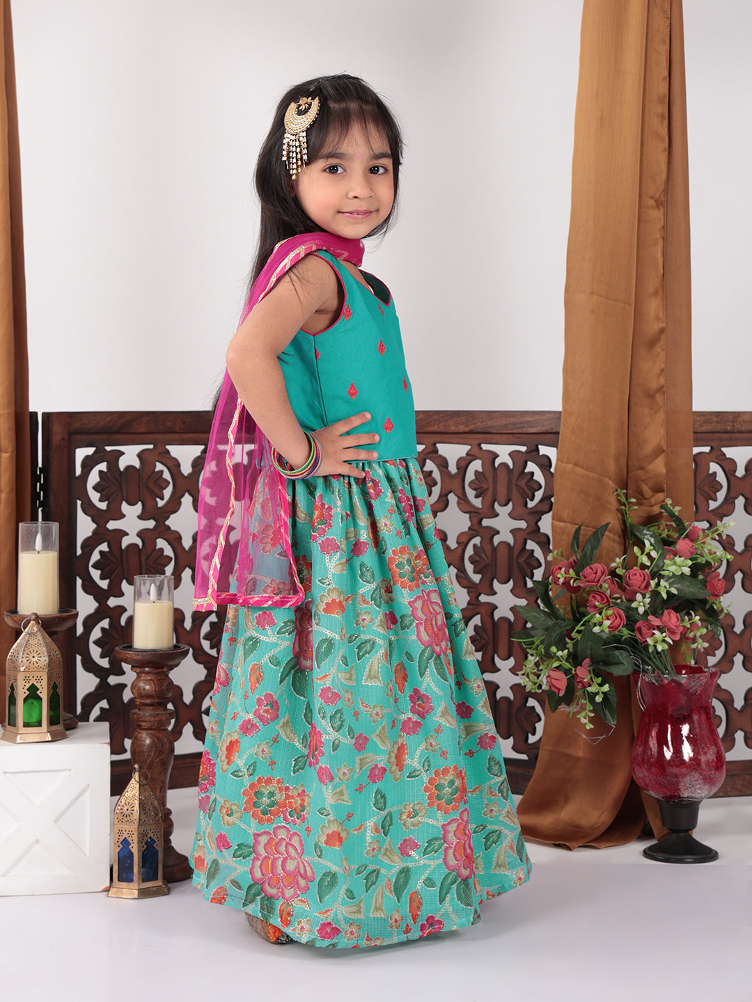 Blue Floral foil printed Lehenga set