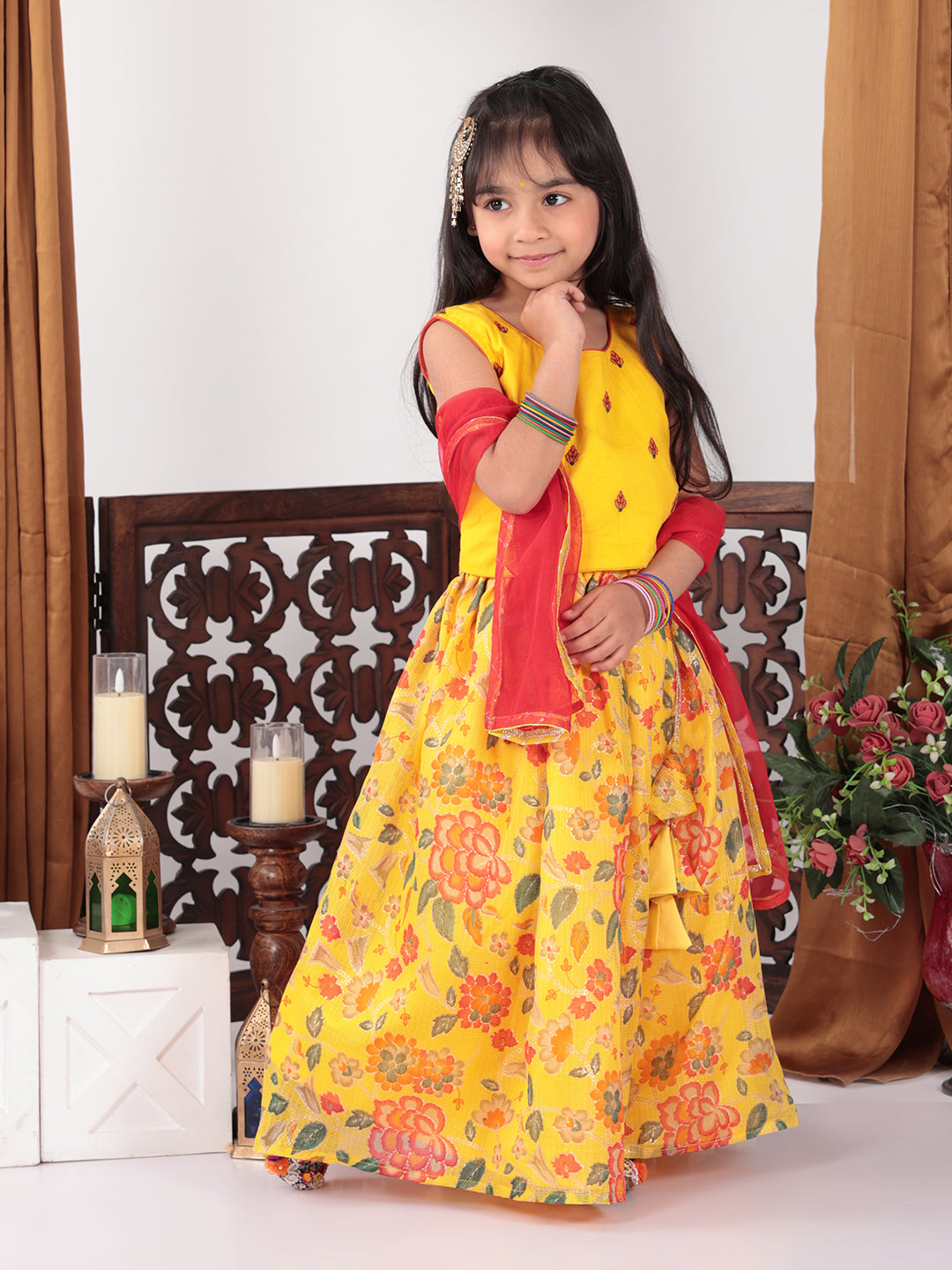 Yellow Floral foil printed Lehenga set