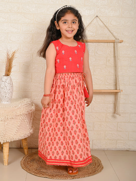 Peach & Red Cotton Lehenga Set