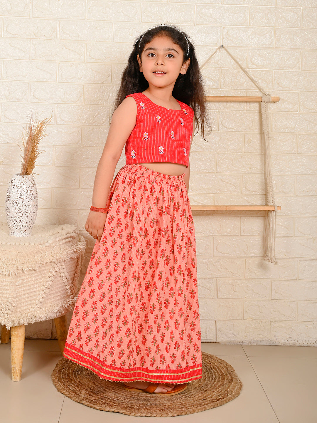 Peach & Red Cotton Lehenga Set