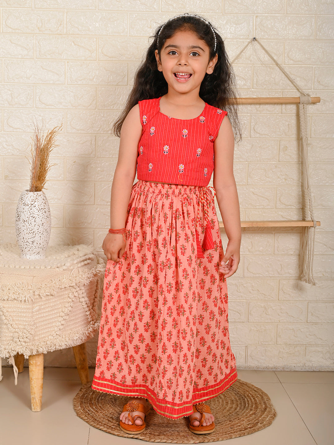 Peach & Red Cotton Lehenga Set