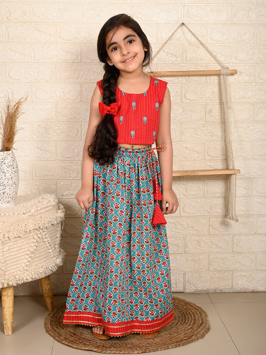 Blue & Red Cotton Lehenga Set