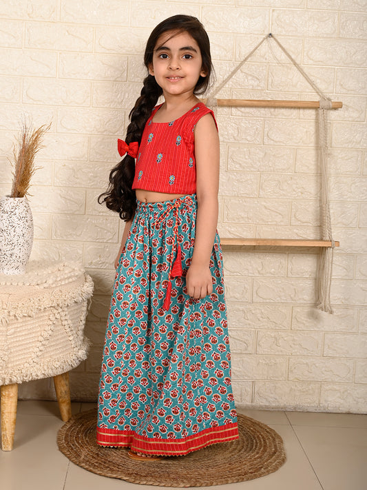 Blue & Red Cotton Lehenga Set
