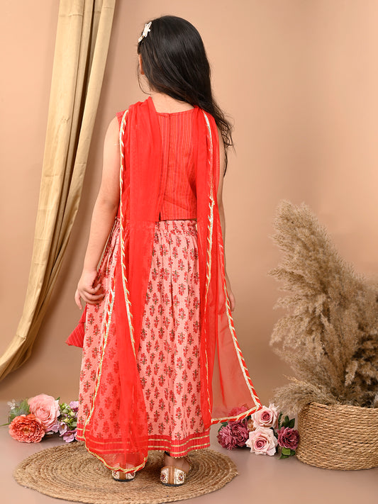 Peach katha floral printed Lehenga with sleeveless embroidered top and dupatta