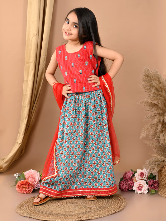 Blue katha floral printed Lehenga with sleeveless embroidered top and dupatta