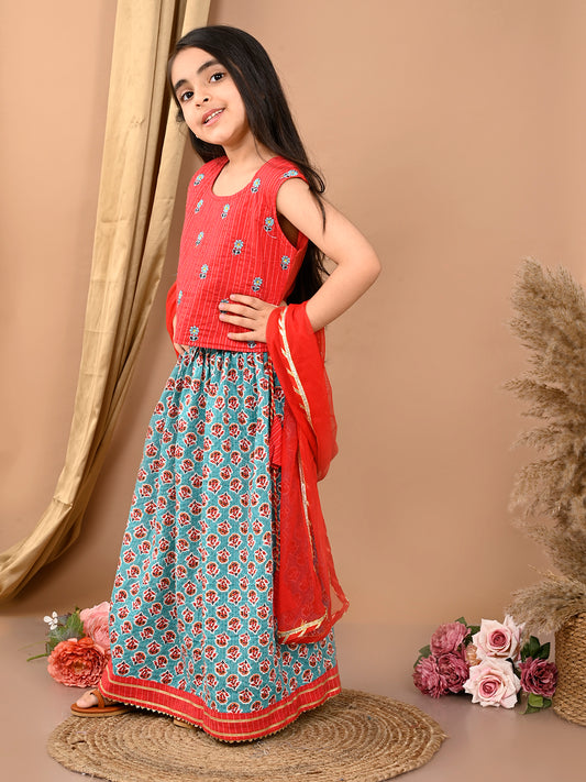 Blue katha floral printed Lehenga with sleeveless embroidered top and dupatta