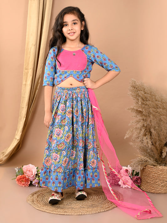 Blue katha floral printed Lehenga with half sleeves lace work top and dupatta